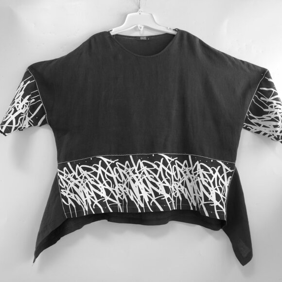 Black Linen Top and Harem Pants Set with White Print & Embroidery New XL or sz 3 - Picture 12 of 16